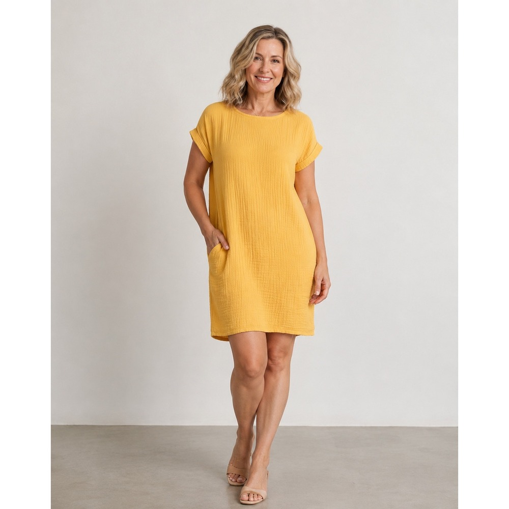 Eileen Fisher Dress 100% Organic Cotton Women Small Yellow Gauze Shift Coastal